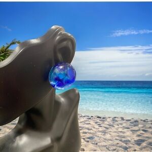 Artisan hand crafted recycled blue glass button earrings w/ hypoallergenic posts